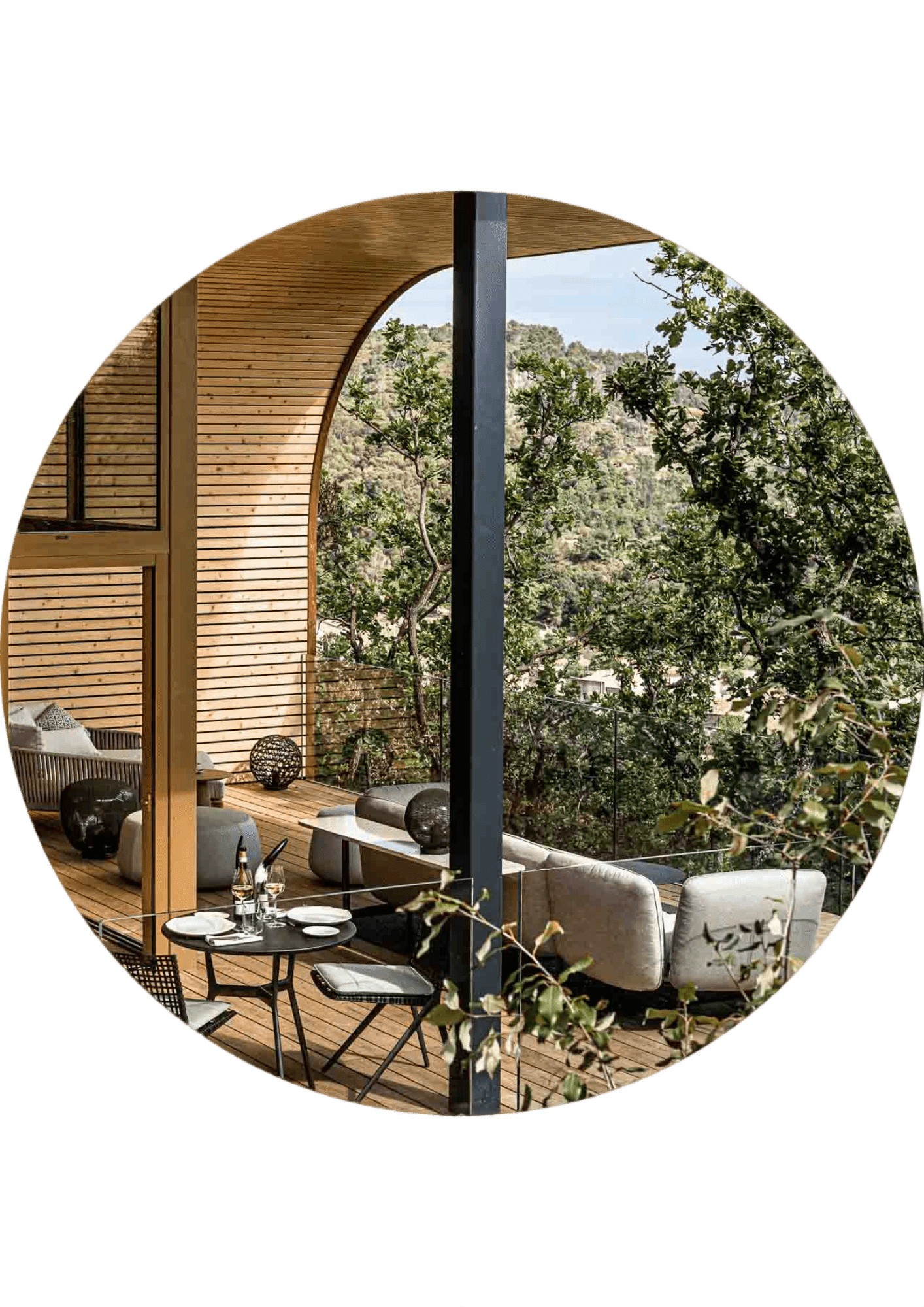 A modern terrace with wood material decorations and a contemporary lounge seating and tables